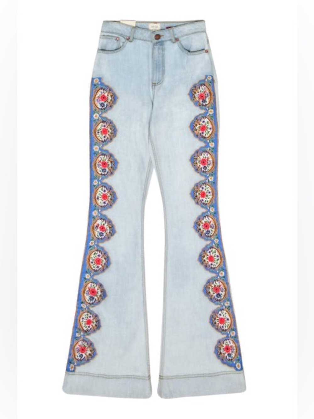 Alice + Olivia Light Blue Flare Jeans with Floral Embroidered Side Panels